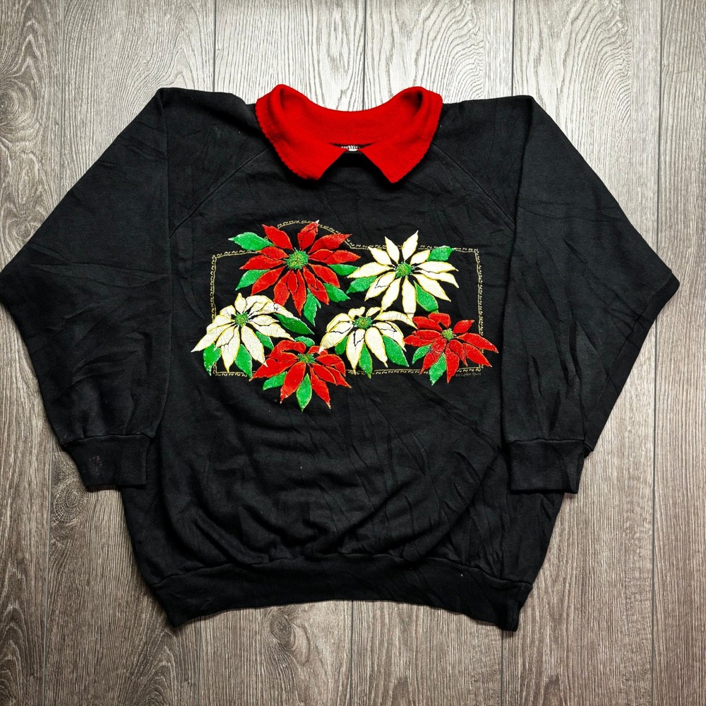 Vintage Poinsettia Flower Sweatshirt Black Red Collar Floral 90s 2X Cottage Core